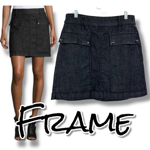 Frame Broome Street Denim Skirt Mini Cargo-Pocket Black Utility Womens Size 28 - Picture 1 of 12